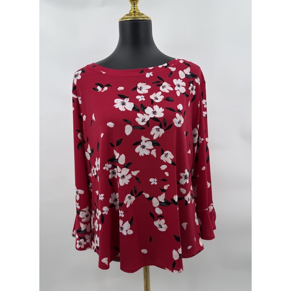 ELLE Top Womens Large Floral Shirt Red